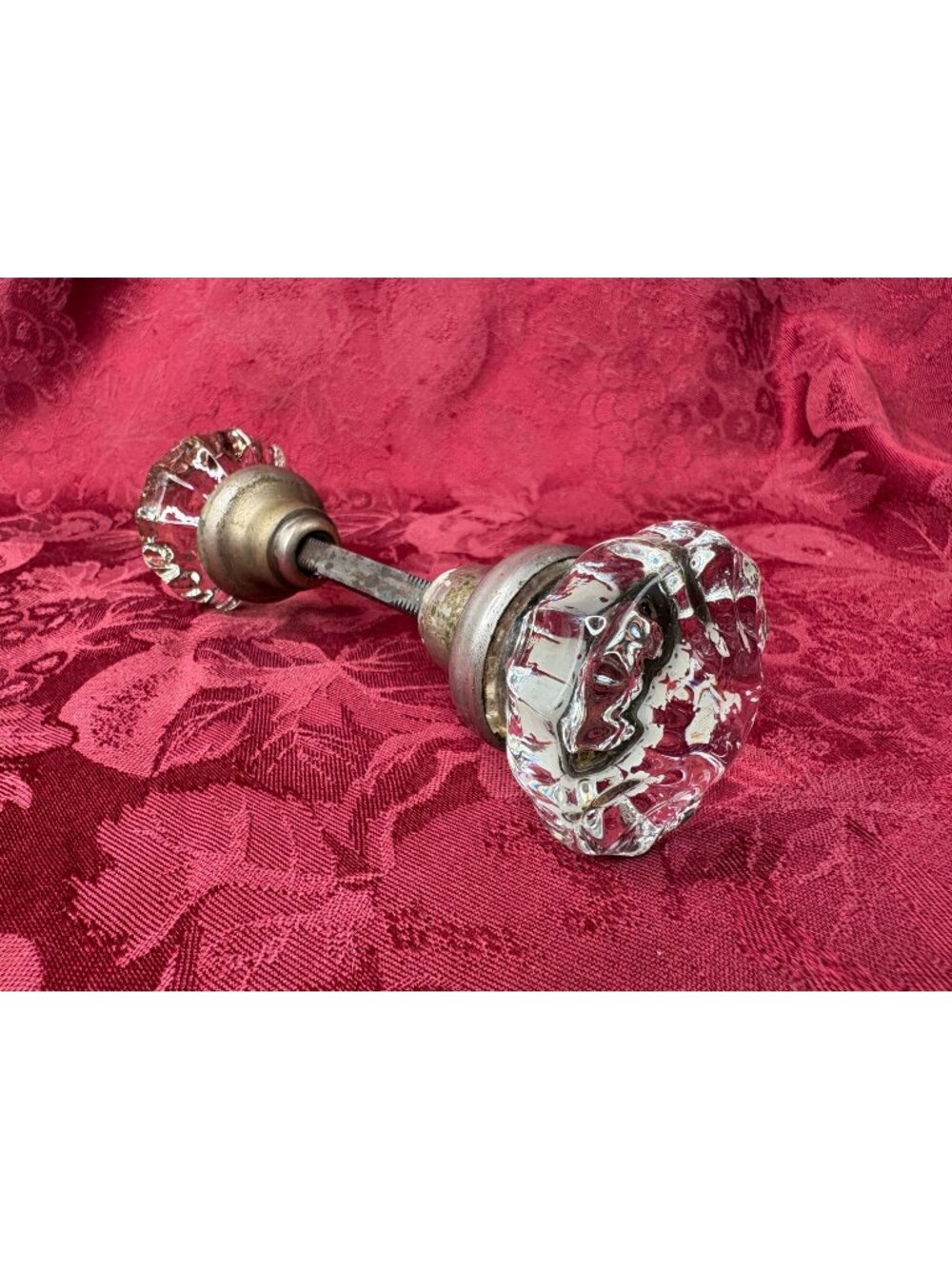 Antique 12-Point Glass Door Knobs Pair W/Spindle Clear & Metal 6" Classic